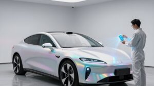 Футуристичный гараж с автомобилем и цифровым ключом как тренды защиты кузова и электроники 2026 году