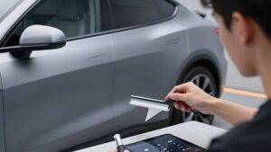 Мастер наносит виниловую пленку на кузов автомобиля, учитывая советы по выбору охраны при оклейке авто в 2026 году