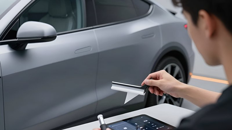 Мастер наносит виниловую пленку на кузов автомобиля, учитывая советы по выбору охраны при оклейке авто в 2026 году